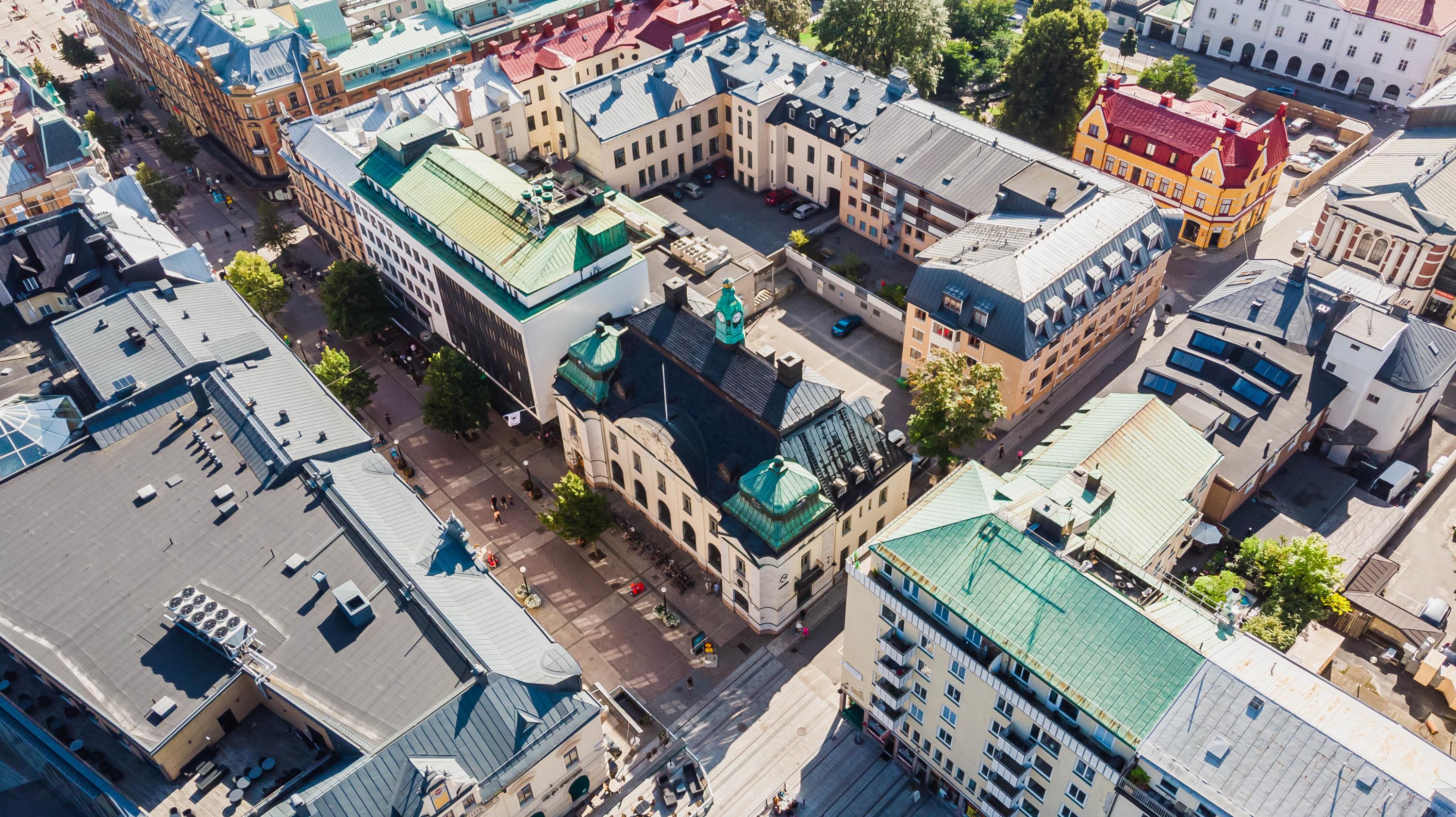 Drönarvy över kvarteret Penningen. 
